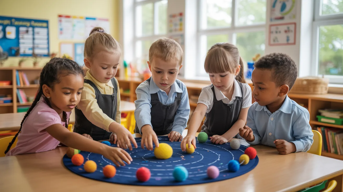 Felt planet board with colorful planets arranged in solar system order for kids learning activity.