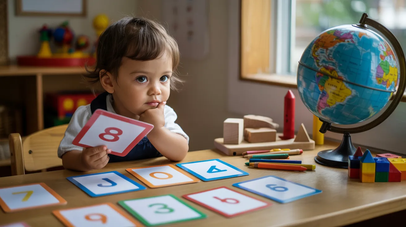Child learning with colorful flashcards, globe, and educational toys on desk, focused expression, classroom setup.