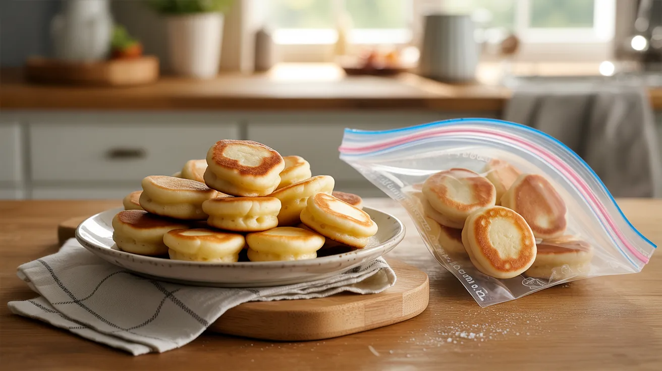 Mini pancake bites as quick frozen toddler meal prep breakfast.