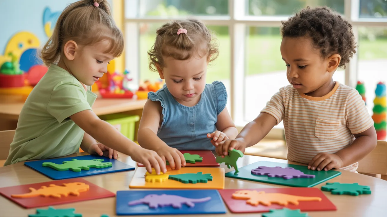Preschool children completing dinosaur pattern matching activity with shapes and colors.