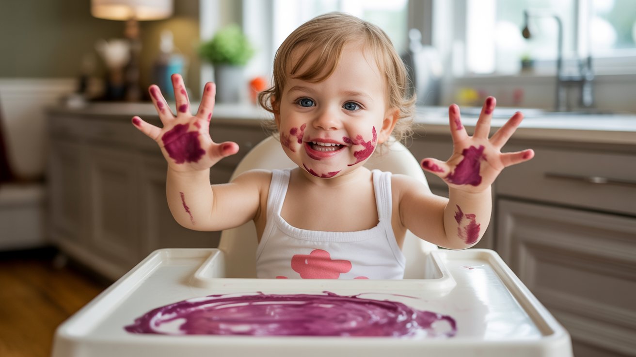 toddler doing edible finger painting with yogurt