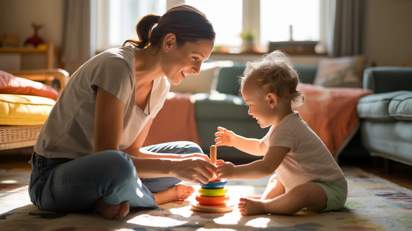 Parent engaging in meaningful playtime with a 15-month-old toddler on the floor.
