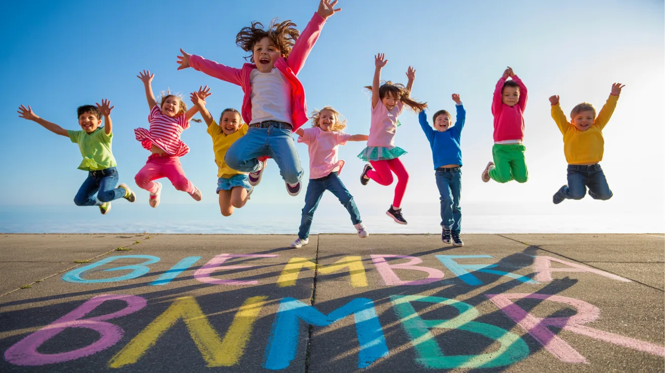 Kids jumping and spelling letters written on the ground in chalk, active learning outdoors, bright energetic scene.