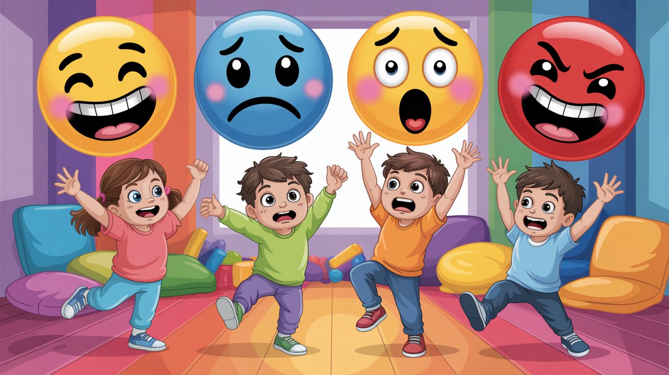 Children joyfully playing with colorful emoticons in a bright room filled with toys and laughter.