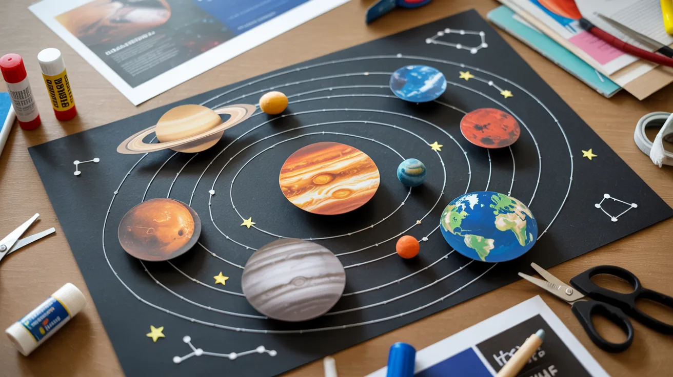 Solar system collage made with magazine cutout planets on black paper with star decorations for kids.