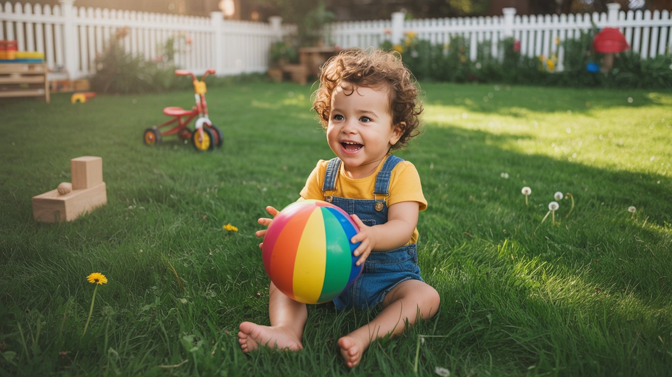 A toddler joyfully playing with a colorful ball in a grassy yard under bright sunlight.