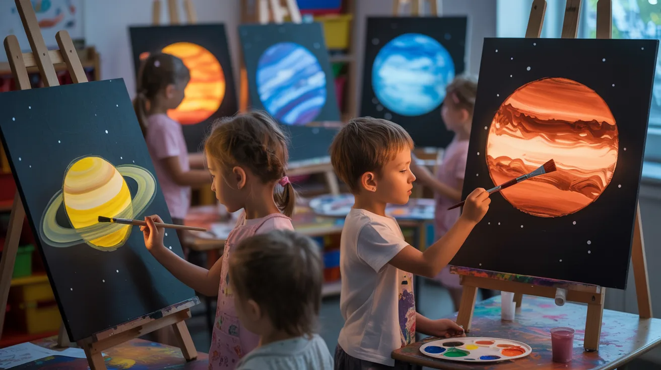 Children painting glow in the dark solar system on black board.