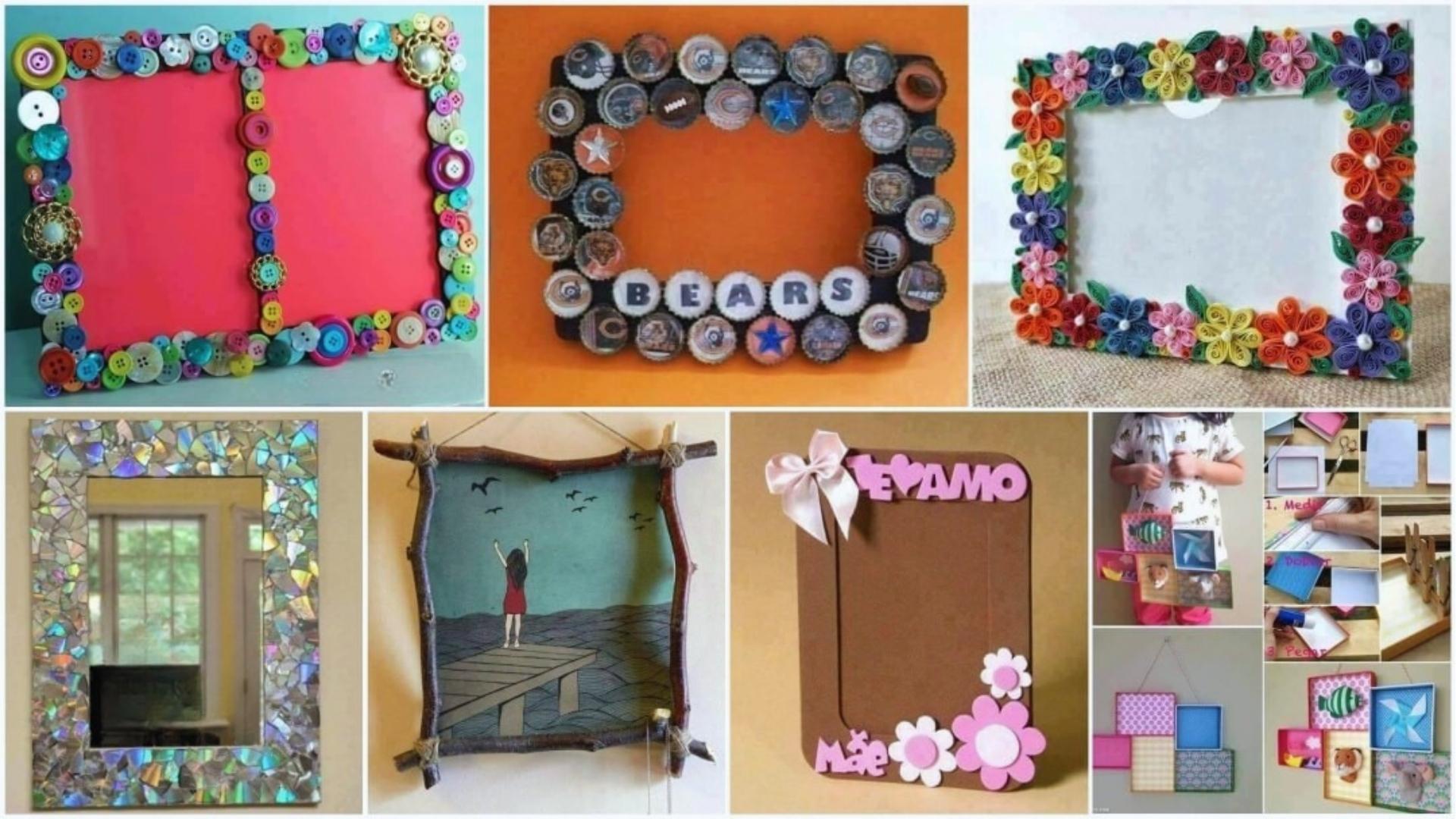 Collage of DIY picture frames made from buttons, bottle caps, quilling, CDs, twigs.