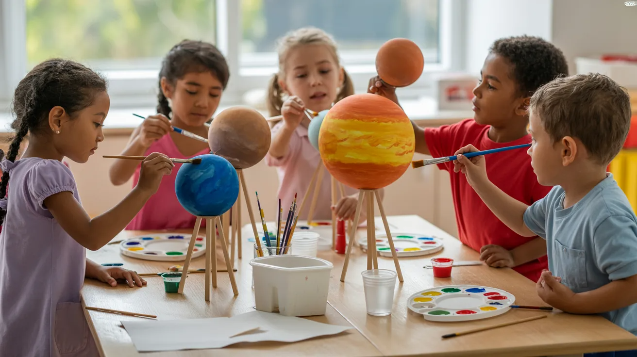 Children painting foam balls to create solar system planet models.