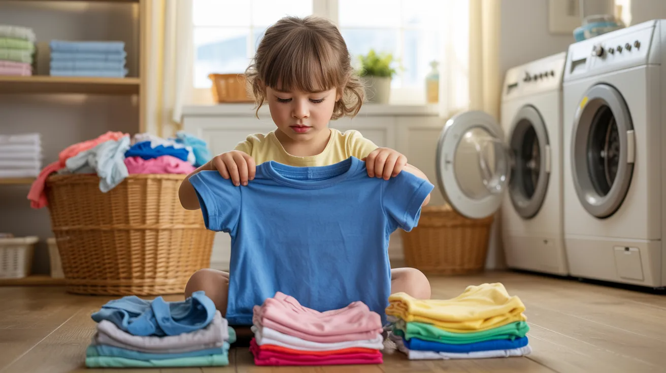 Child sorting laundry as life skills activity for kids.