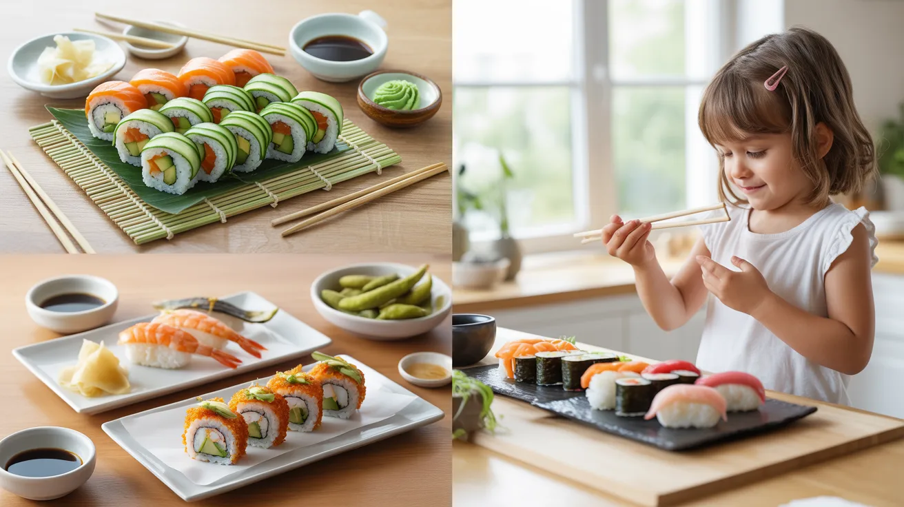 Step-by-step progression of child trying vegetarian and cooked sushi safely