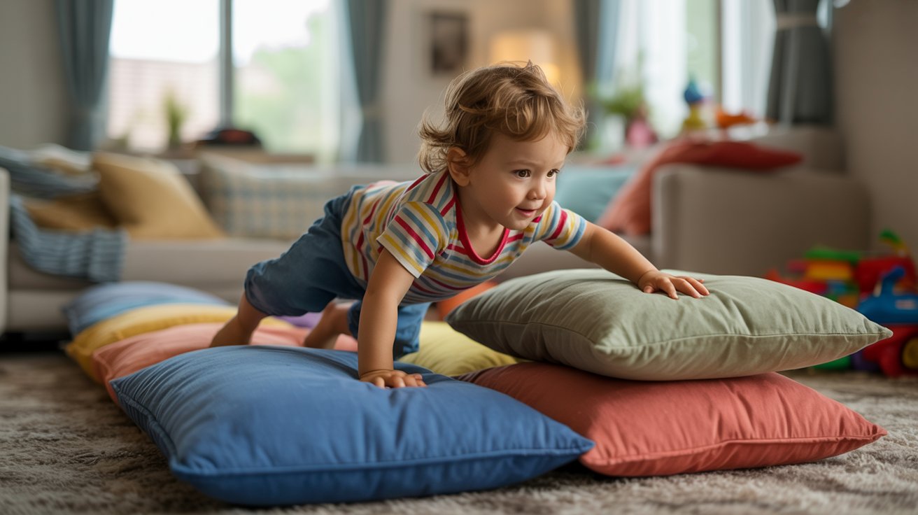 A toddler crawls playfully on colorful pillows in a cozy living room filled with soft lighting and toys.