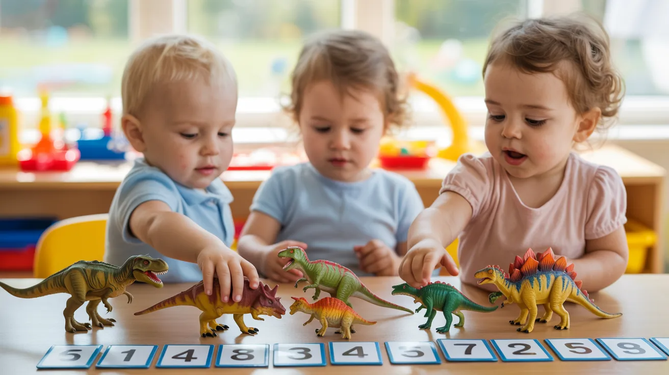 Preschool children counting toy dinosaurs next to number cards as a part of activity