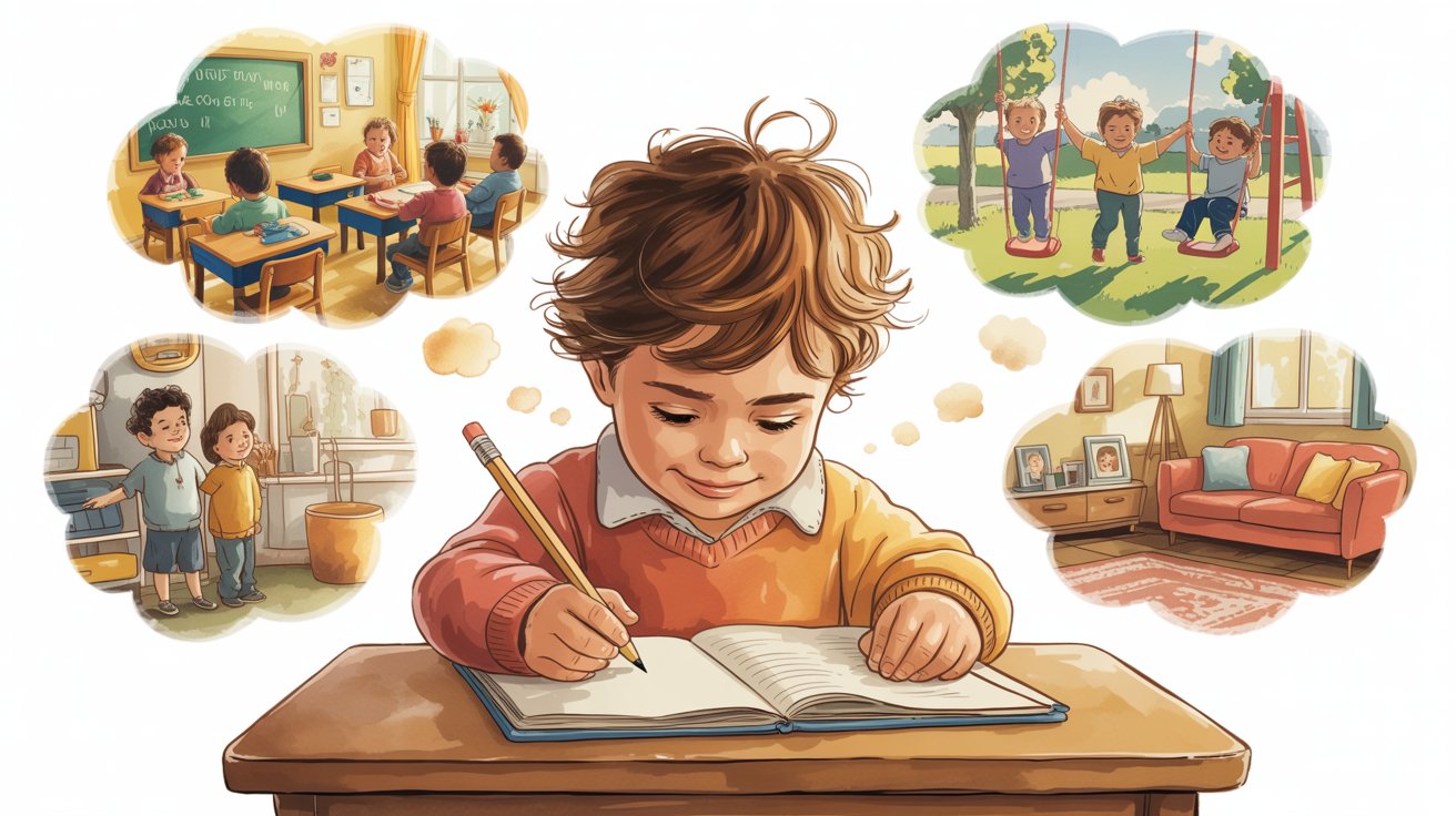 A child focused on writing in a notebook, surrounded by colorful stationery and a bright, cheerful environment.