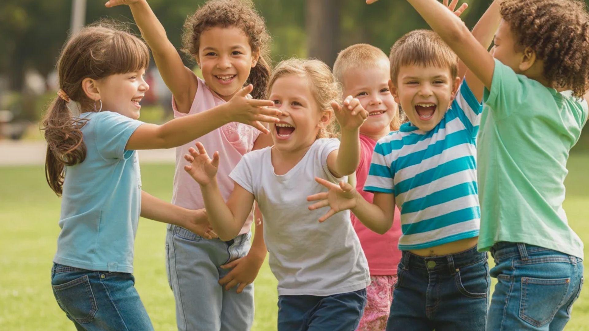 Children copying and adding funny actions in a group circle