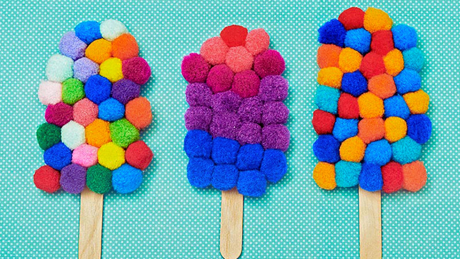 Three colorful felt-covered popsicles arranged together on a white background, showcasing vibrant textures and hues.