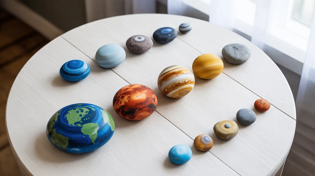 Painted rock planets made from stones used as a simple kids solar system craft activity.
