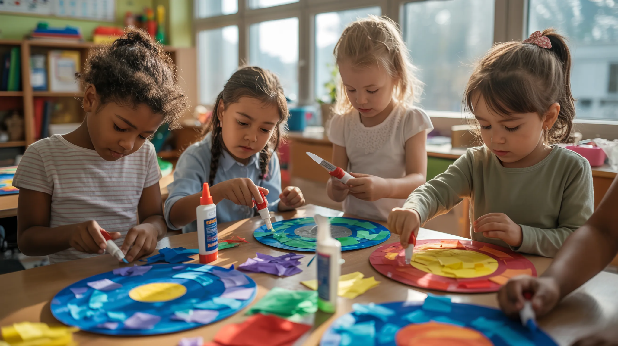 Children making tissue paper planets for solar system craft.