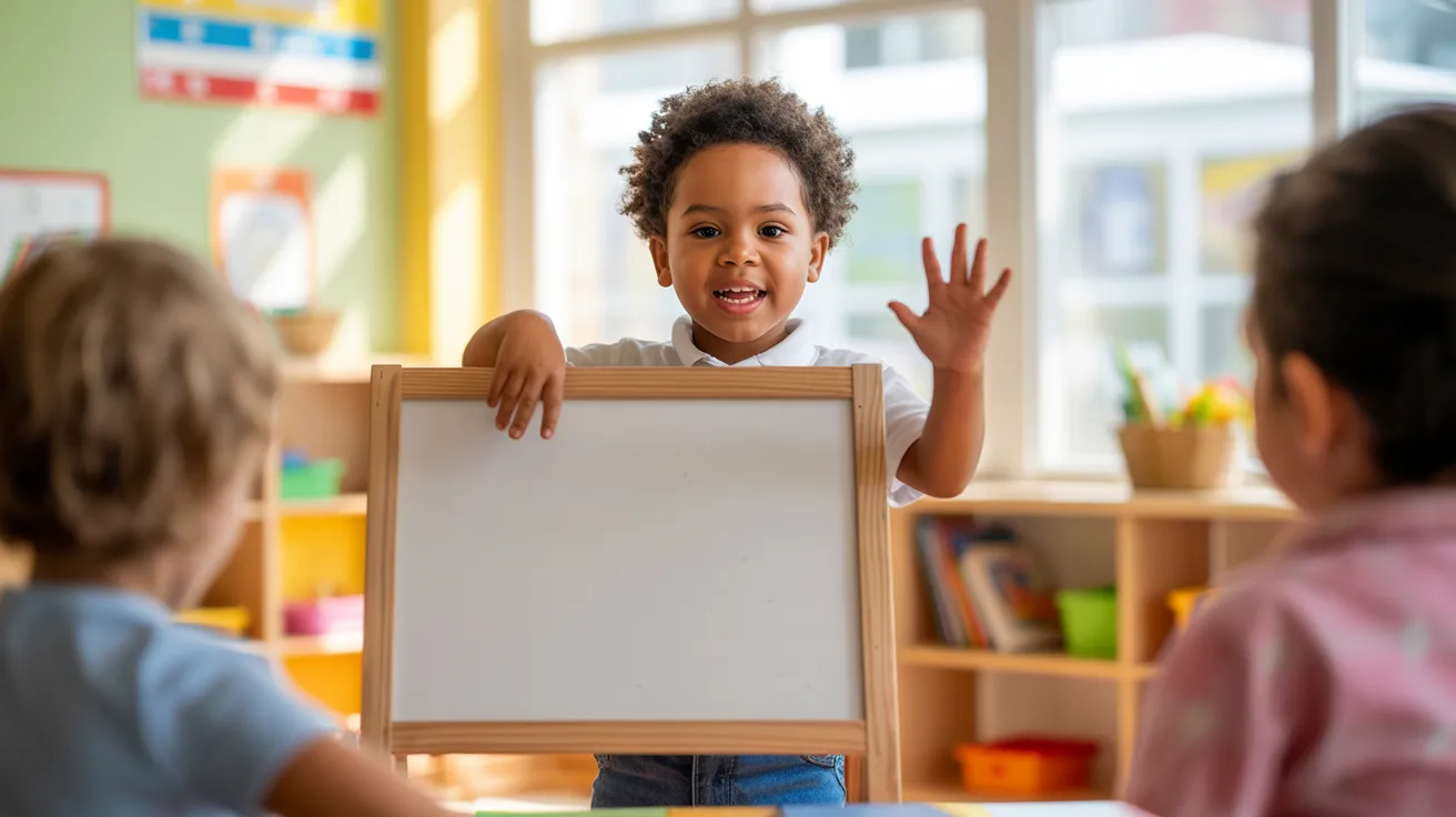 Child standing like a teacher explaining lesson to parent or classmates at whiteboard, confident expression, classroom.