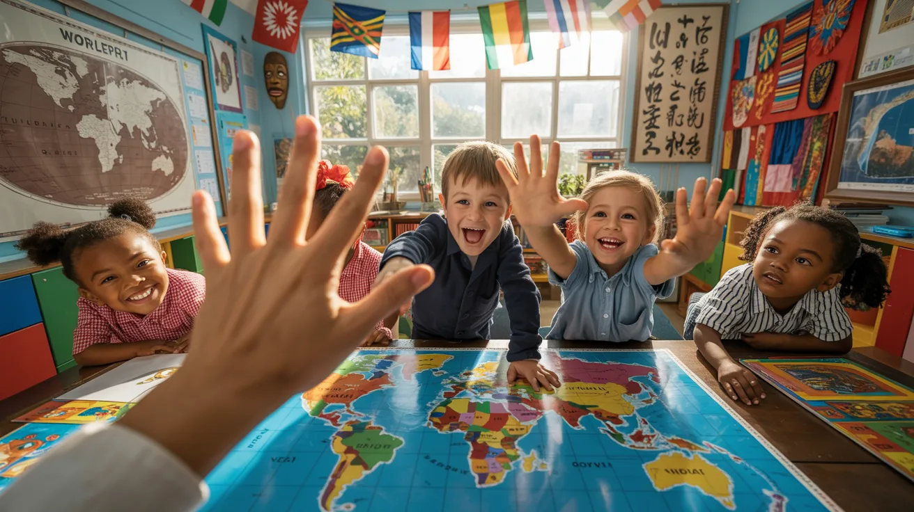 Multicultural classroom decorations with children exploring world cultures.