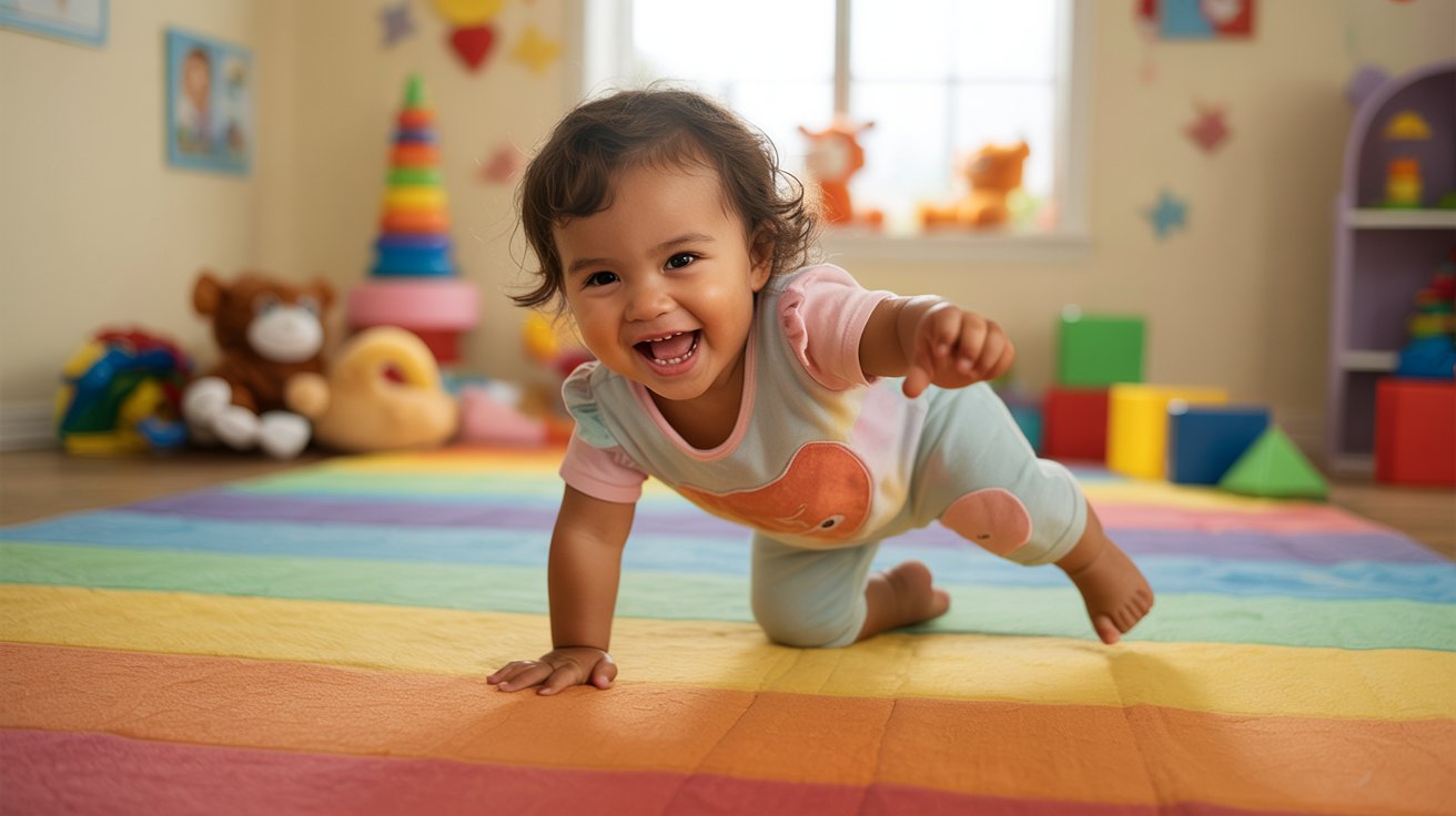 A baby crawling on a vibrant, colorful floor, exploring their surroundings with curiosity and joy.