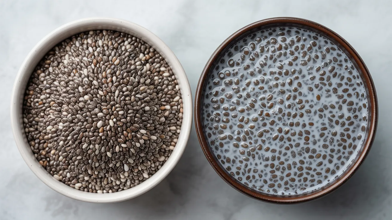 Comparison of dry chia seeds and soaked chia seeds showing texture difference