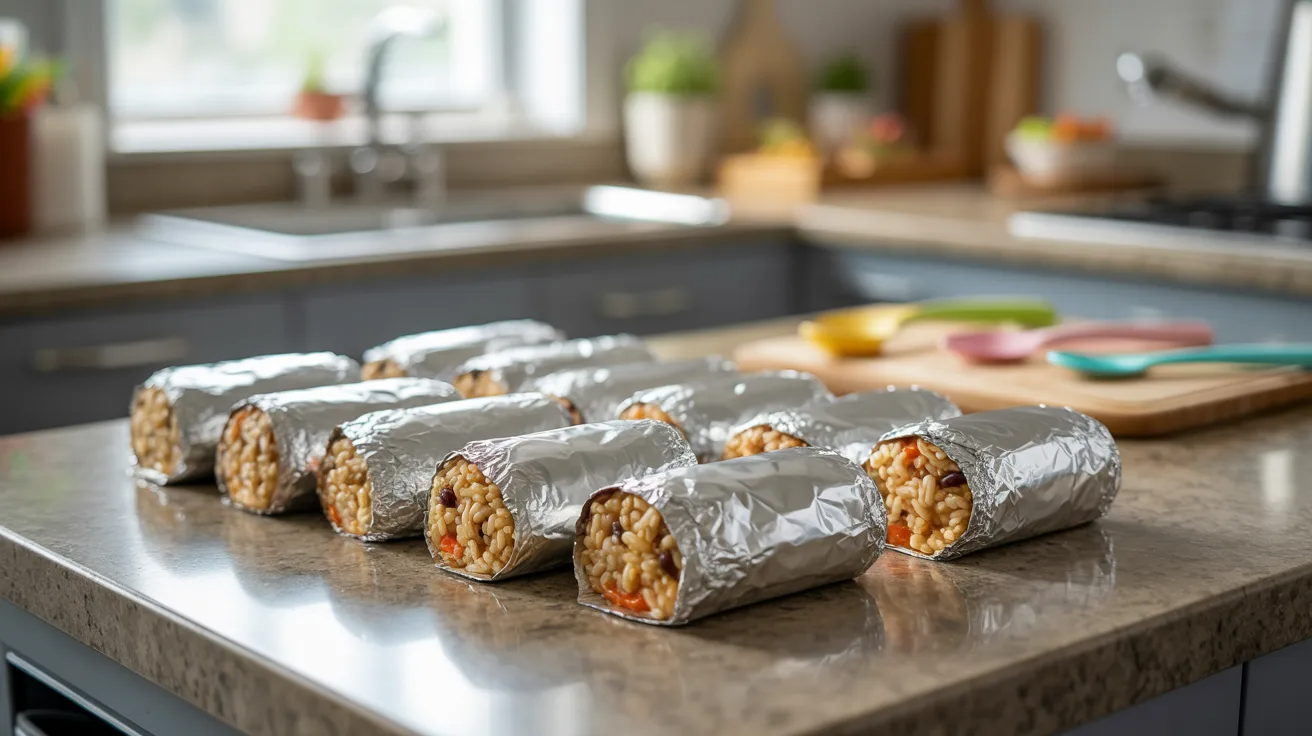 Rice and bean burritos wrapped for freezer as toddler meal prep food.