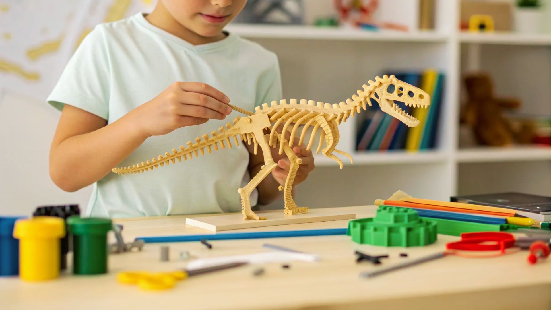 A young boy builds a dinosaur model with Legos, engaging in a preschool STEM challenge about creating a dinosaur habitat.