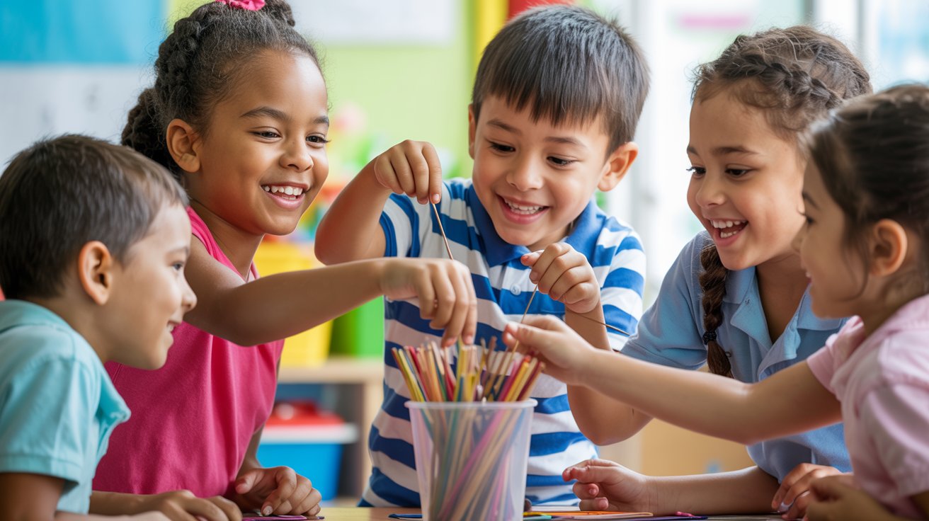 Children engaged in playful activities with Sticks in a bright classroom setting.