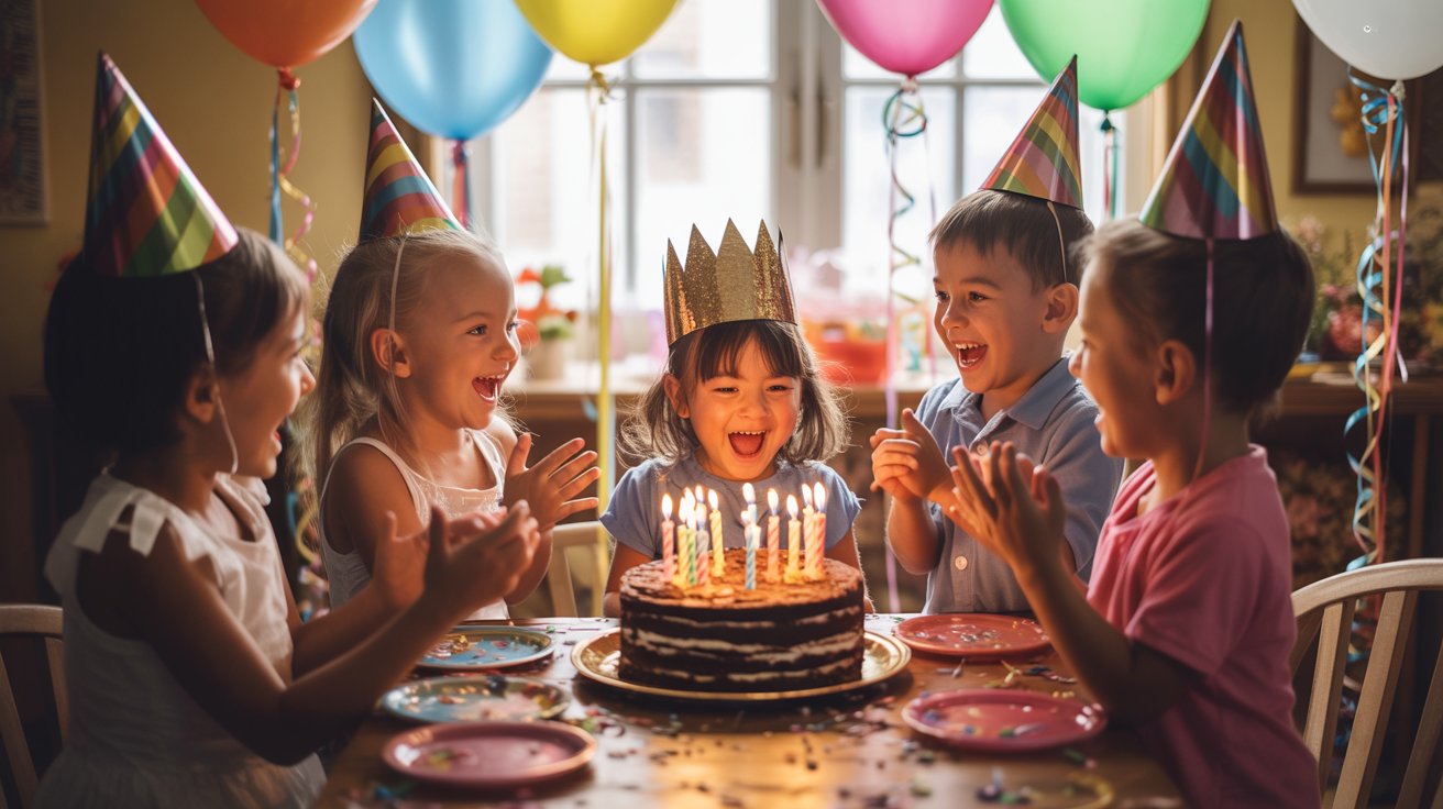 Children joyfully celebrating a birthday party with balloons, cake, and colorful decorations.