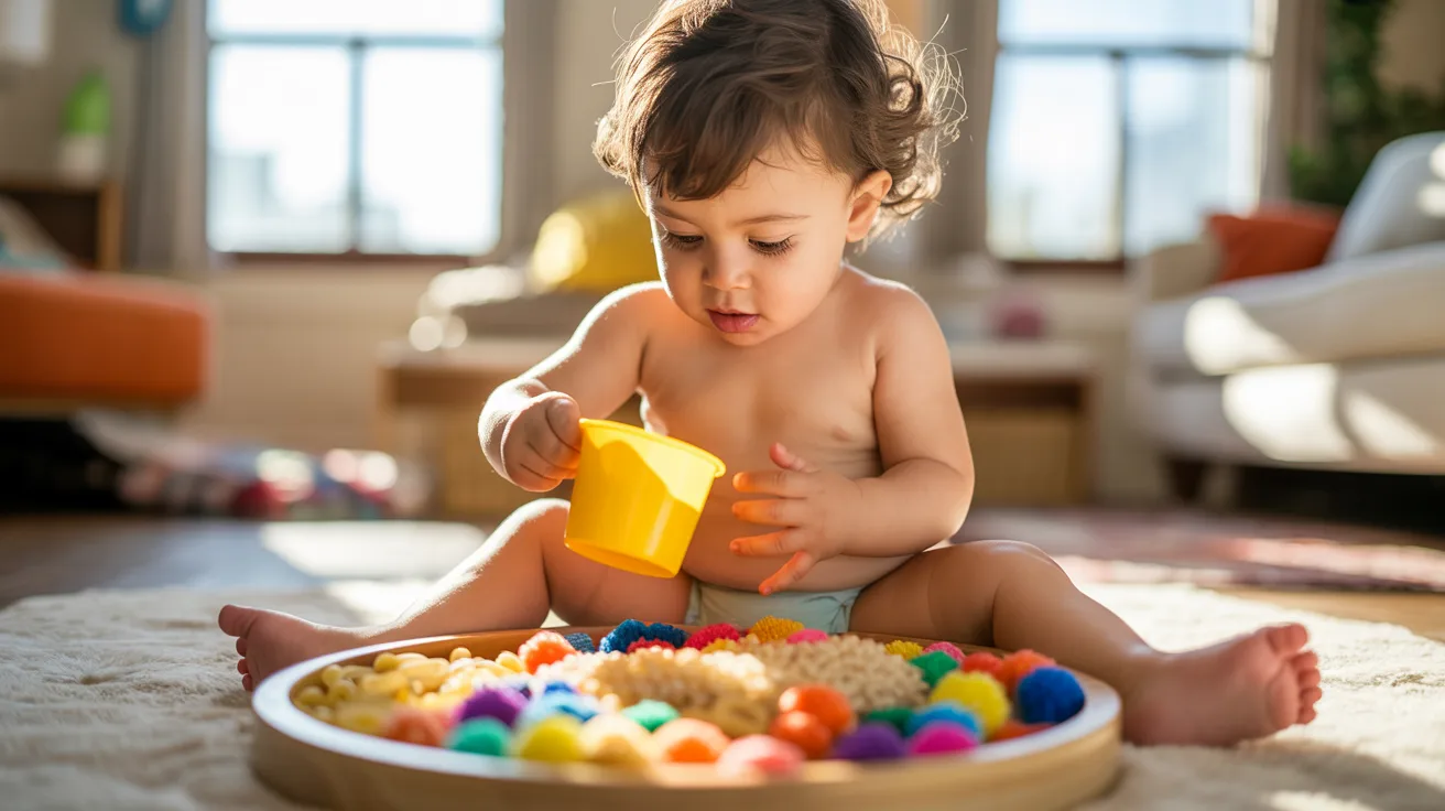 A baby interacts with bright balls on a cozy rug, near a sensory bin filled with rice, pasta, and colorful pom-poms.