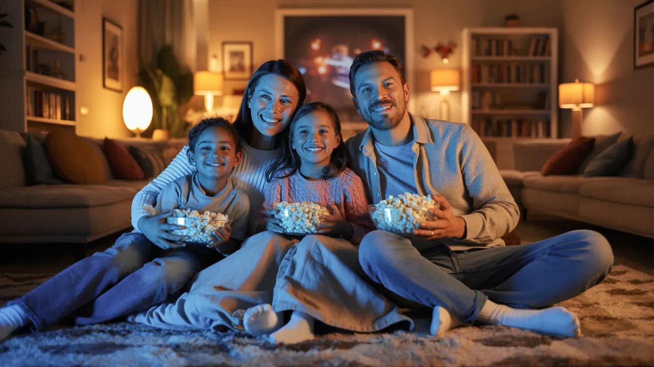 Family watching a movie together in a cozy dim-lit room while relaxing and enjoying a shared experience