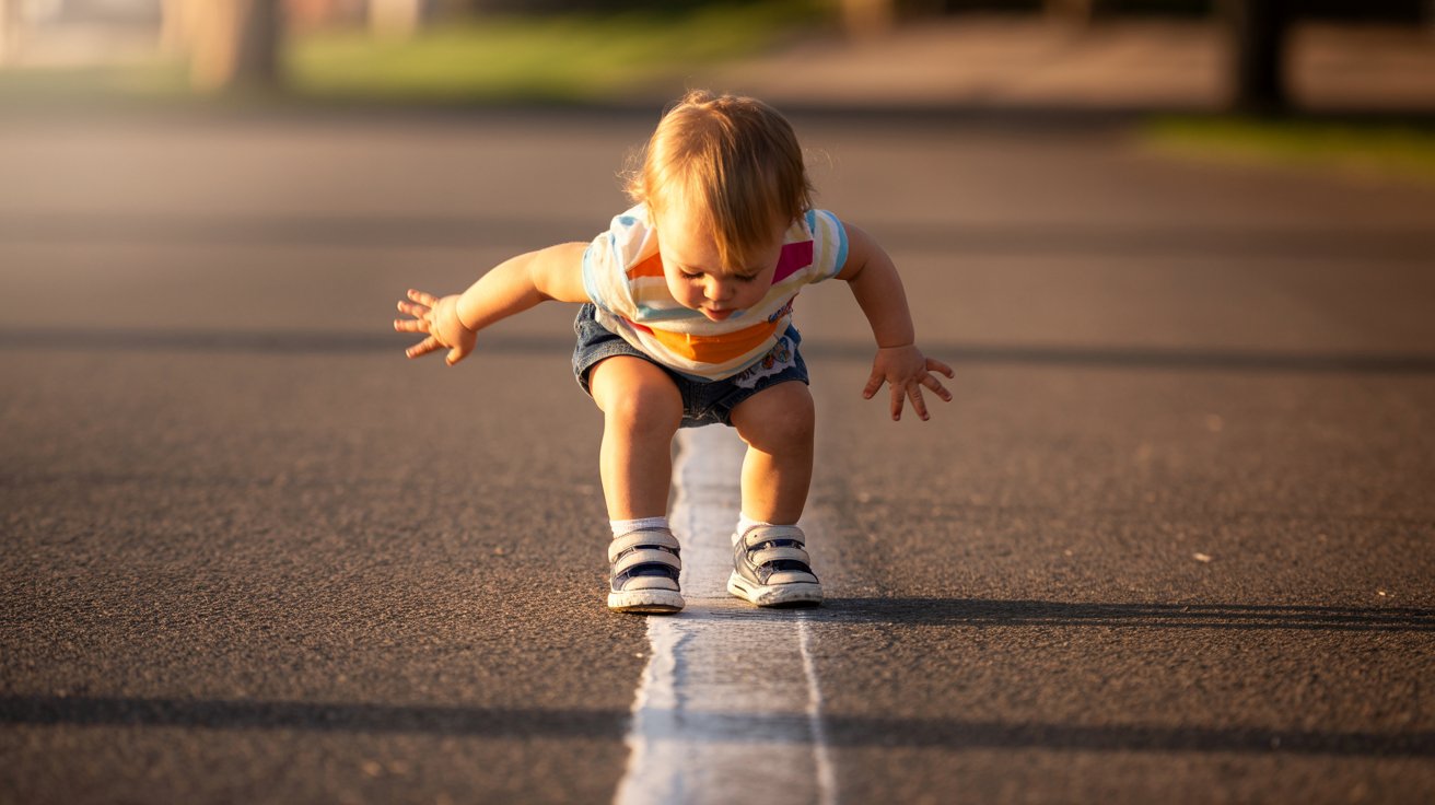 A young child joyfully runs down a road, with trees lining the sides and a clear blue sky above.