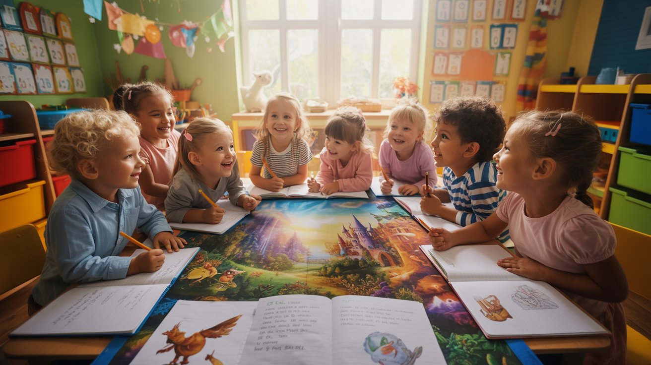 Children gathered around a table, engaged with a book and a colorful picture, sharing ideas and enjoying their time together.