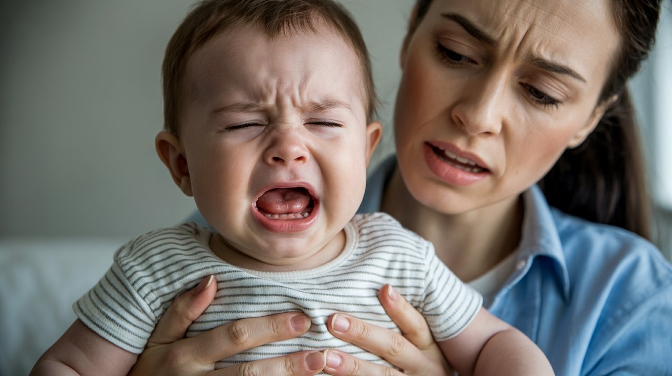 Baby crying loudly in pain while being comforted by parent