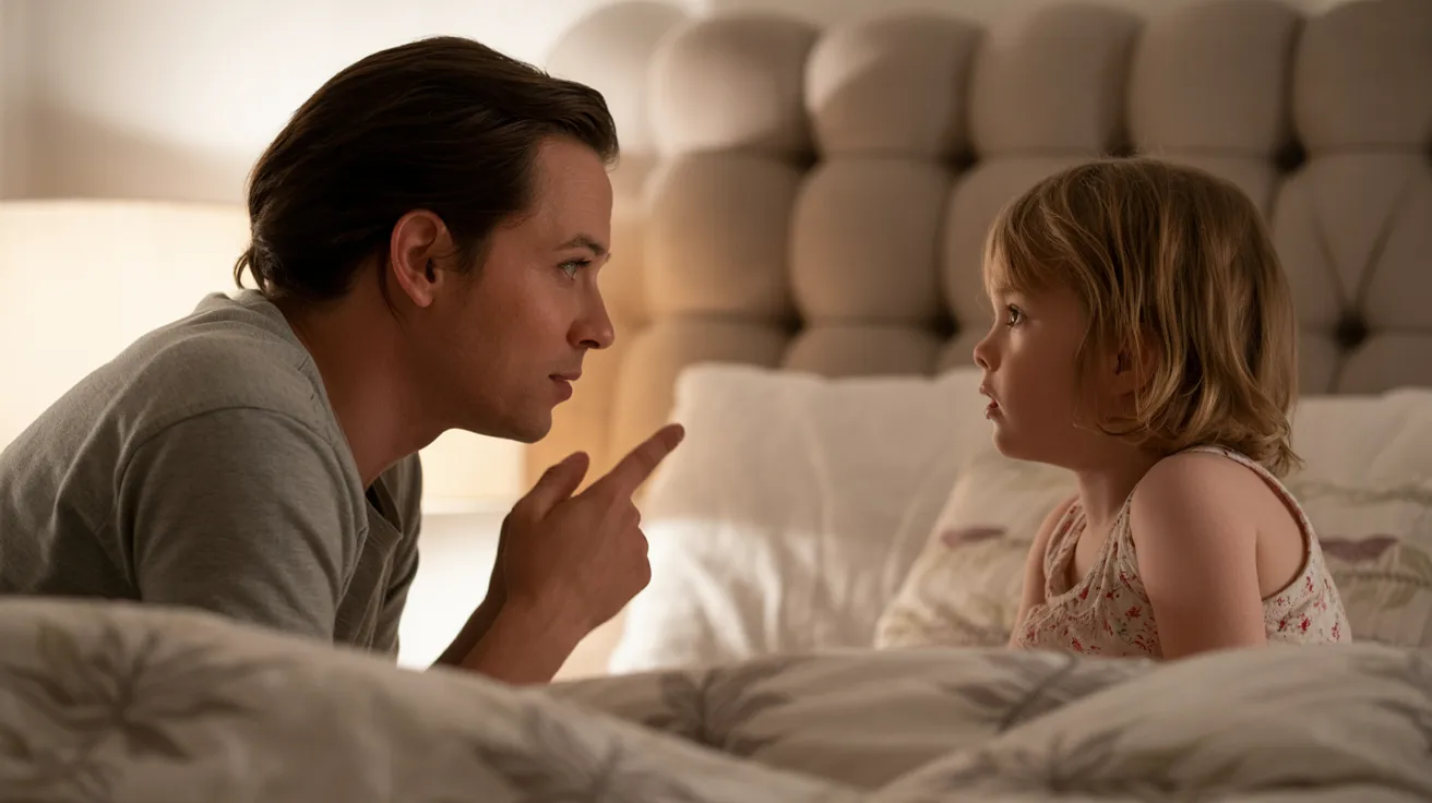 Parent and child talking together at bedtime while reflecting on acts of kindness from the day