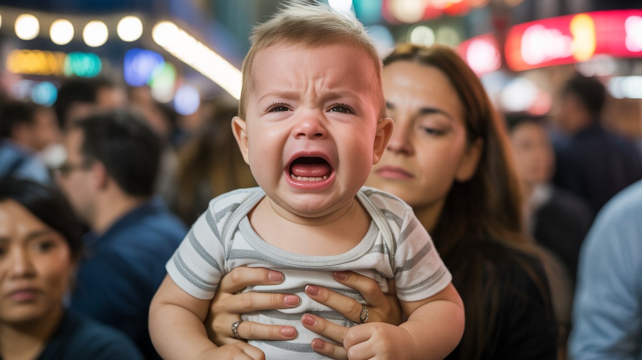 Overstimulated baby crying in busy and noisy environment