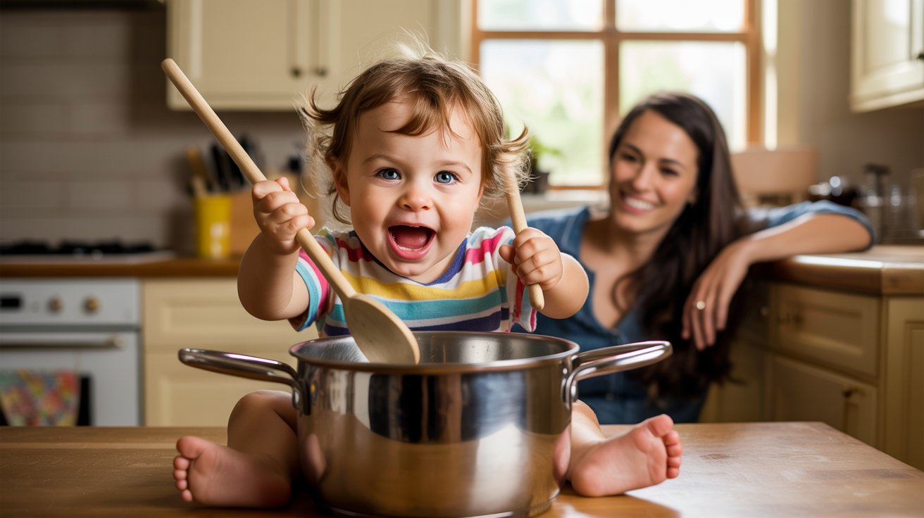 toddler playing homemade musical instrument with spoon