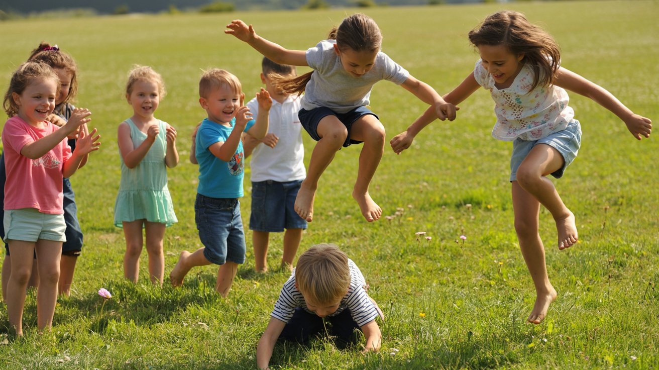 Children jumping over each other in a playful leapfrog game