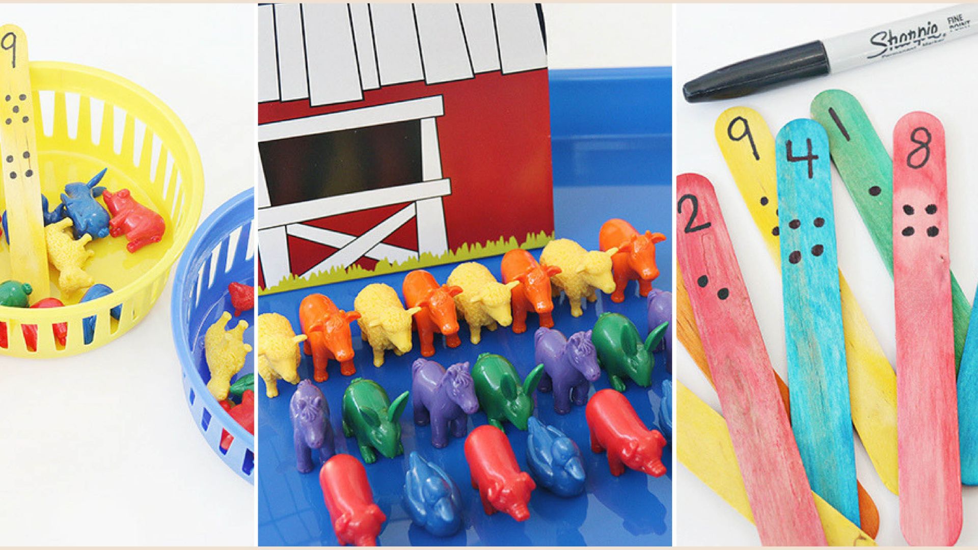 Farm animal counting activity with colorful plastic toy animals, numbered popsicle sticks, and baskets for sorting, a math center idea for classroom