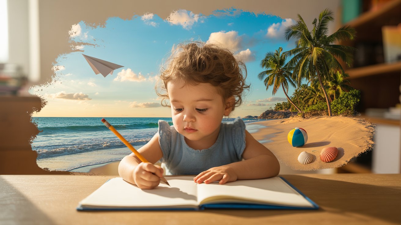 A child writes in a book, surrounded by a vibrant beach scene with sand, waves, and a clear blue sky.