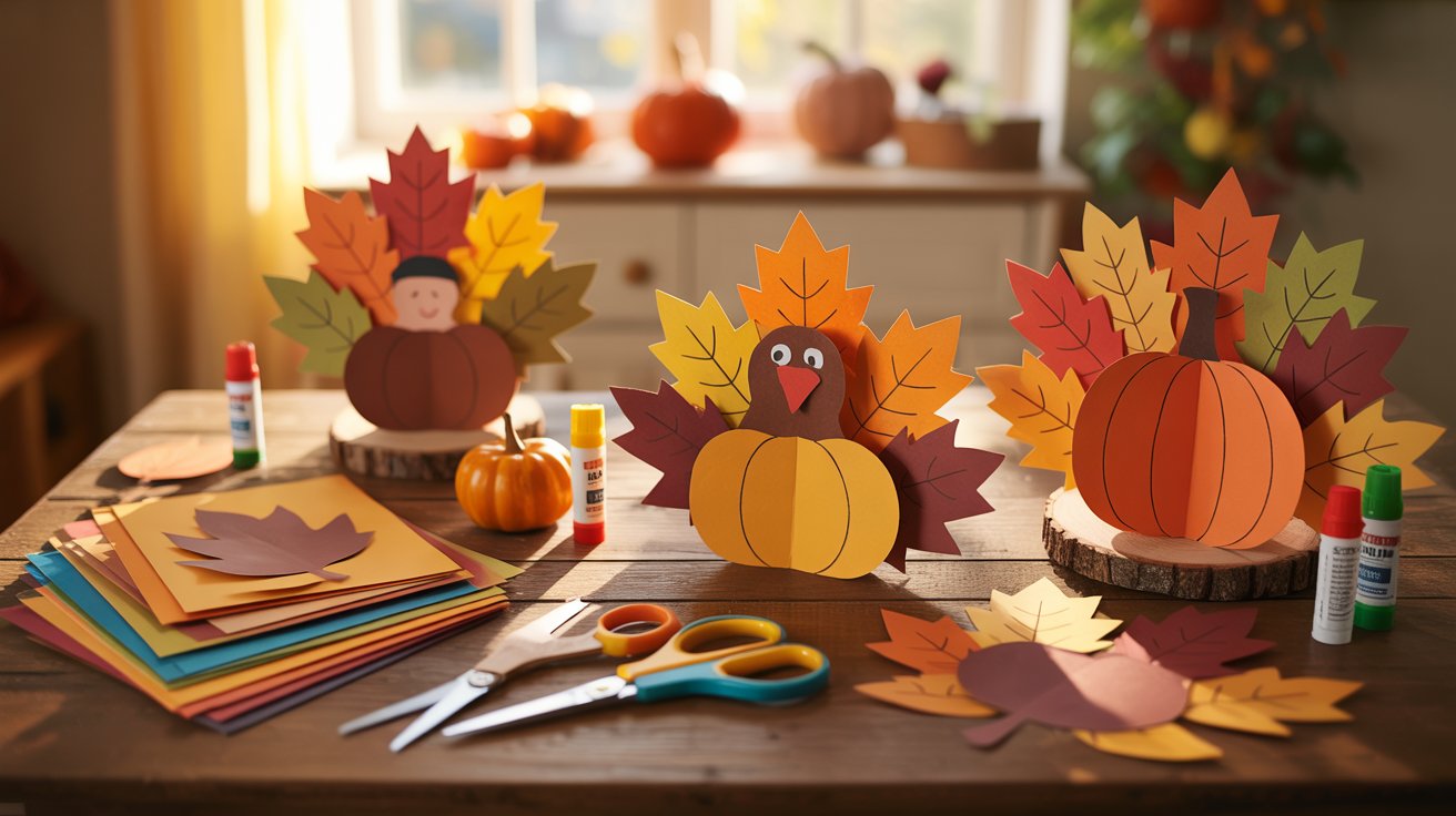 Colorful Thanksgiving crafts for kids displayed on a table, featuring paper turkeys, leaf decorations, and painted pumpkins.