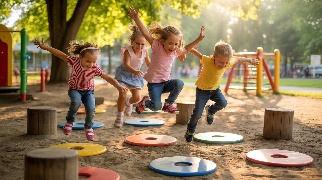 Kids jumping to avoid touching the ground in a pretend lava game