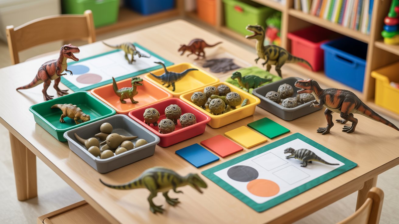 A table displaying various toys, prominently featuring a colorful dinosaur toy among them.