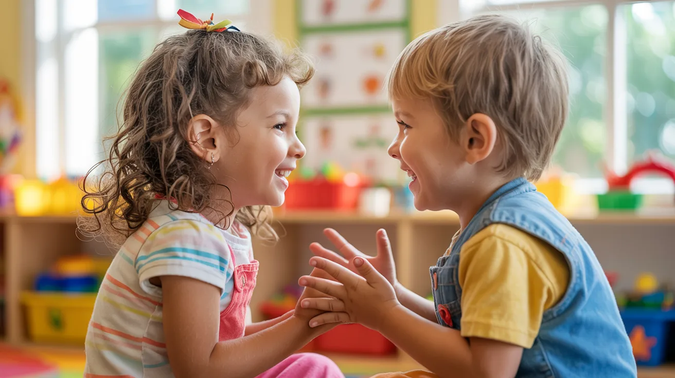 Two children smiling and sharing kind words with each other while practicing daily compliments in a friendly environment