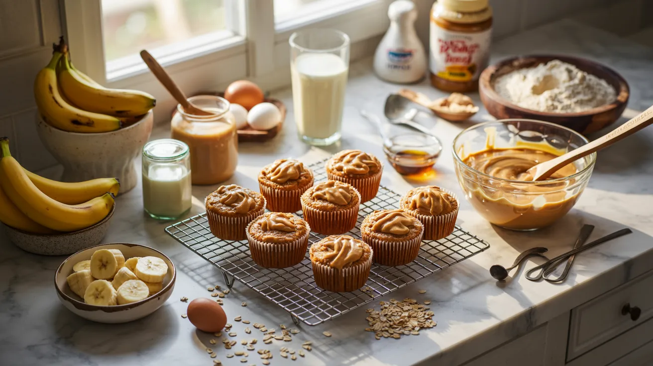 "Freshly baked peanut butter banana muffins cooling on a rack with bananas, peanut butter, oats, and milk arranged in a warm cozy kitchen breakfast scene."