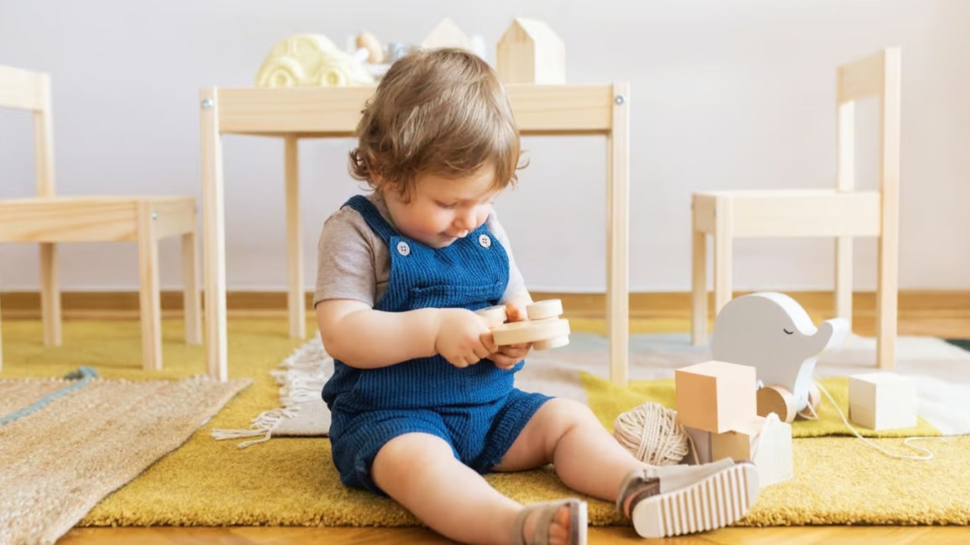 A toddler sits on the floor, happily stacking colorful wooden blocks during playtime.