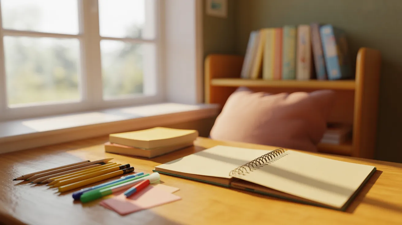 Creative writing setup featuring an open book, pens, and writing materials arranged on a desk, representing a focused and inspiring writing workspace.