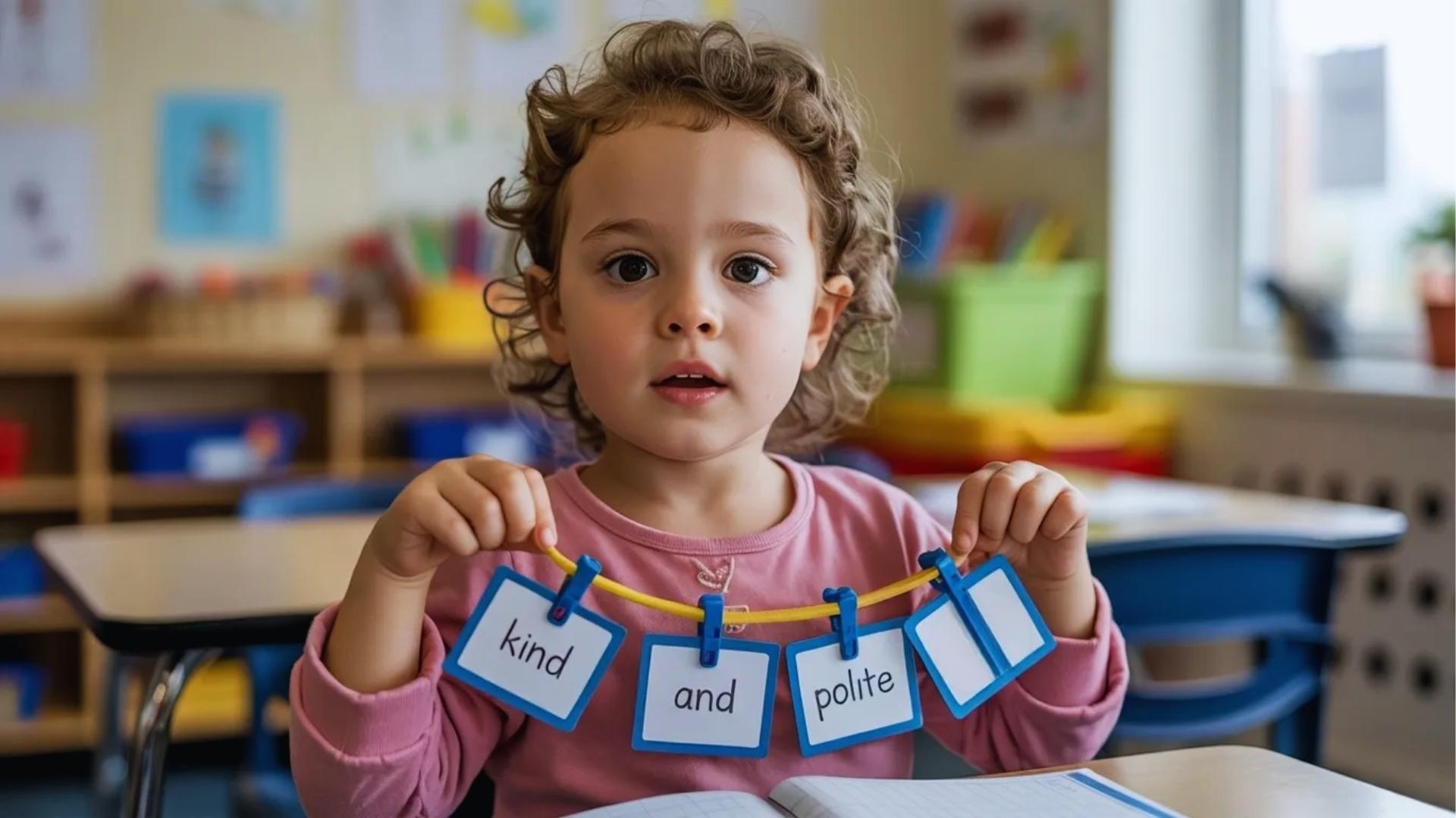 Child holding a ring of flashcards with respect-related words while sitting at a desk in a classroom setting