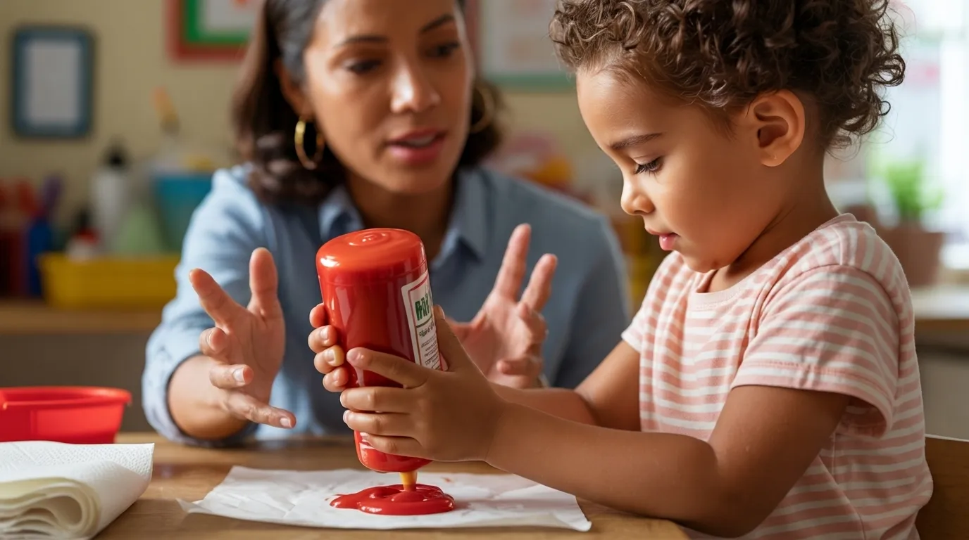 Child squeezing ketchup during a hands-on lesson about words while an adult explains the importance of respectful speech